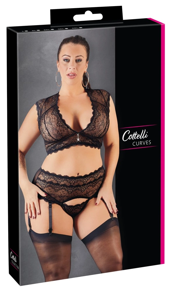 Cottelli Curves nėriniuotas komplektas su kojinių laikikliais, juodas, 4XL