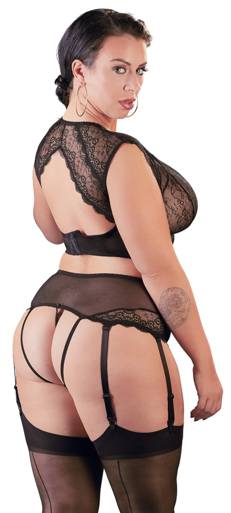 Cottelli Curves nėriniuotas komplektas su kojinių laikikliais, juodas, 4XL