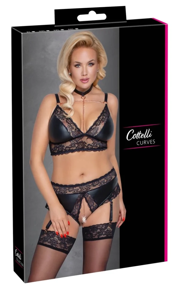 Cottelli Curves nėrinių komplektas su nuimamomis grandinėlėmis, juodas, 4XL