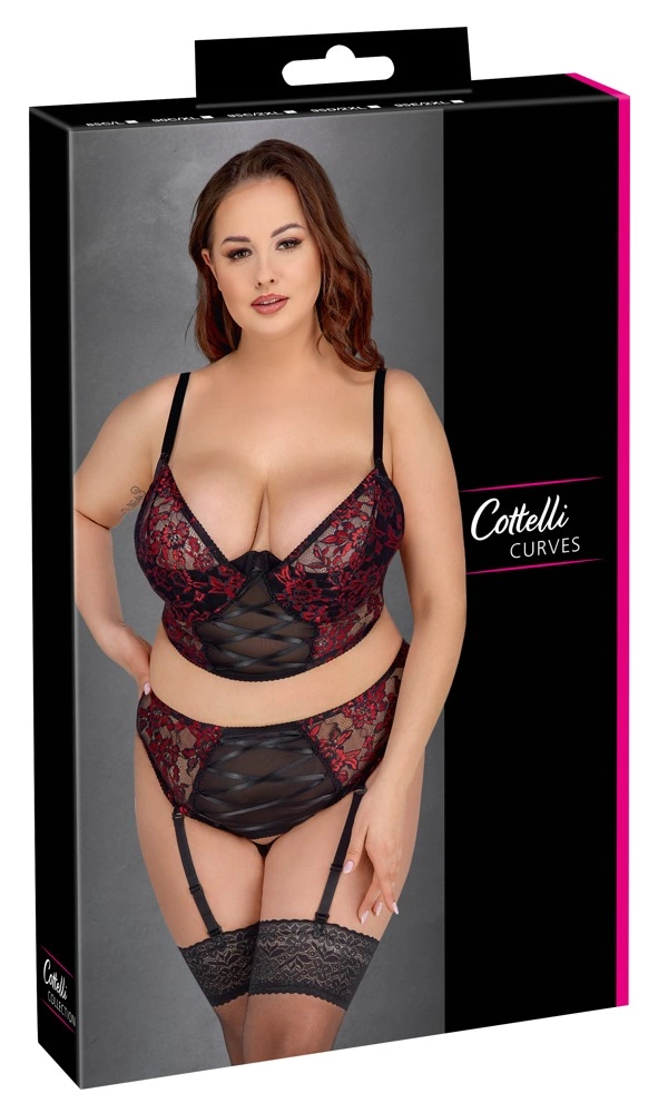 Cottelli Curves nėrinių komplektas su kojinių laikikliais, 2XL (95E), juodas su raudonu