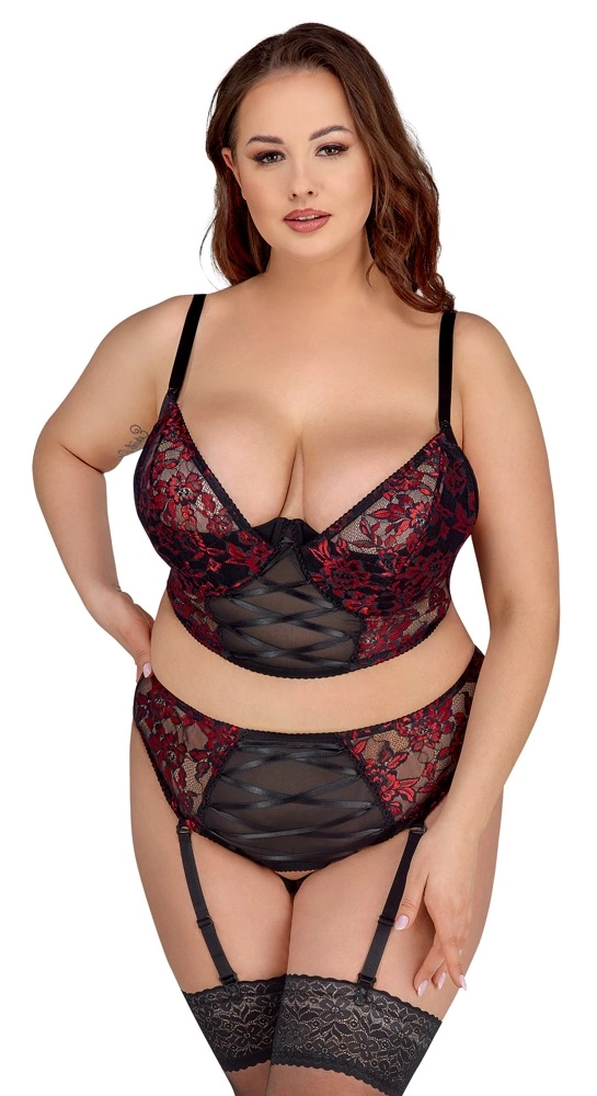 Cottelli Curves nėrinių komplektas su kojinių laikikliais, 2XL (95E), juodas su raudonu