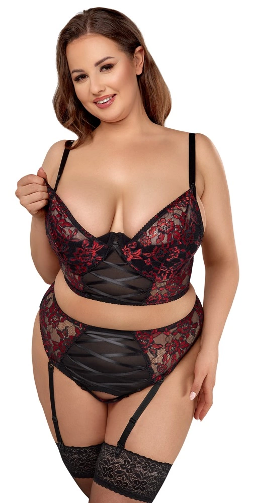 Cottelli Curves nėrinių komplektas su kojinių laikikliais, 2XL (95E), juodas su raudonu