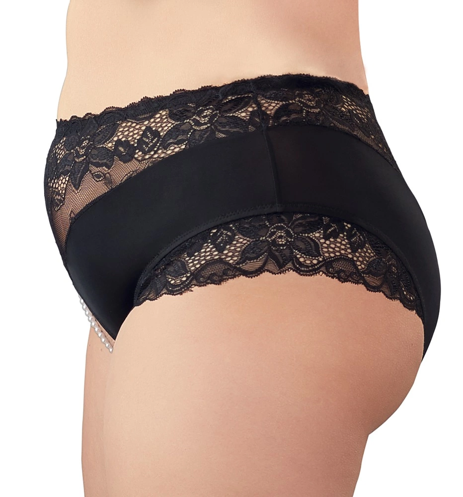 Cottelli Curves aukštos kelnaitės su atviru tarpkojiu, nėriniais ir perlais, juodos, 3XL