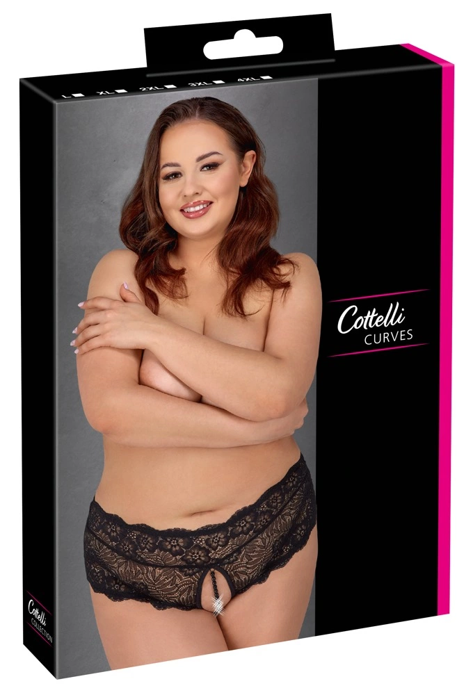 Cottelli CURVES nėriniuotos kelnaitės su perlais ir atviru tarpkojiu, juodos, XL