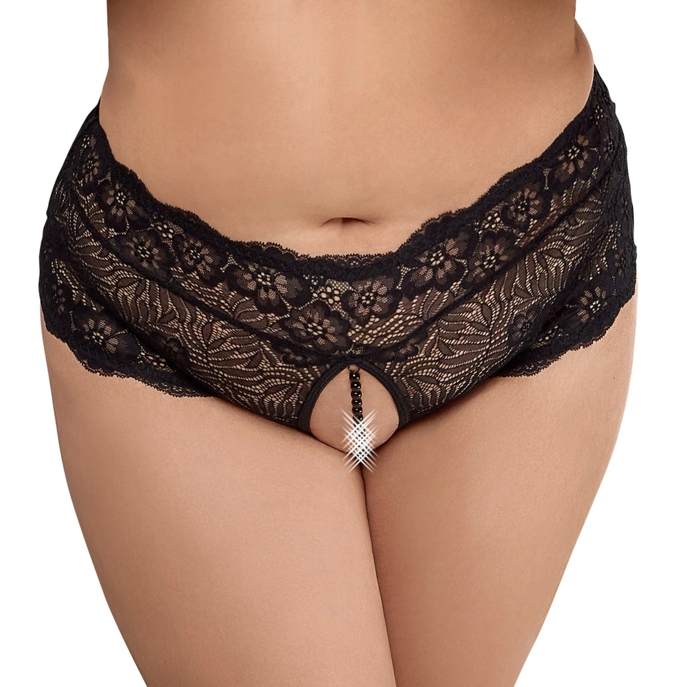 Cottelli CURVES nėriniuotos kelnaitės su perlais ir atviru tarpkojiu, juodos, XL