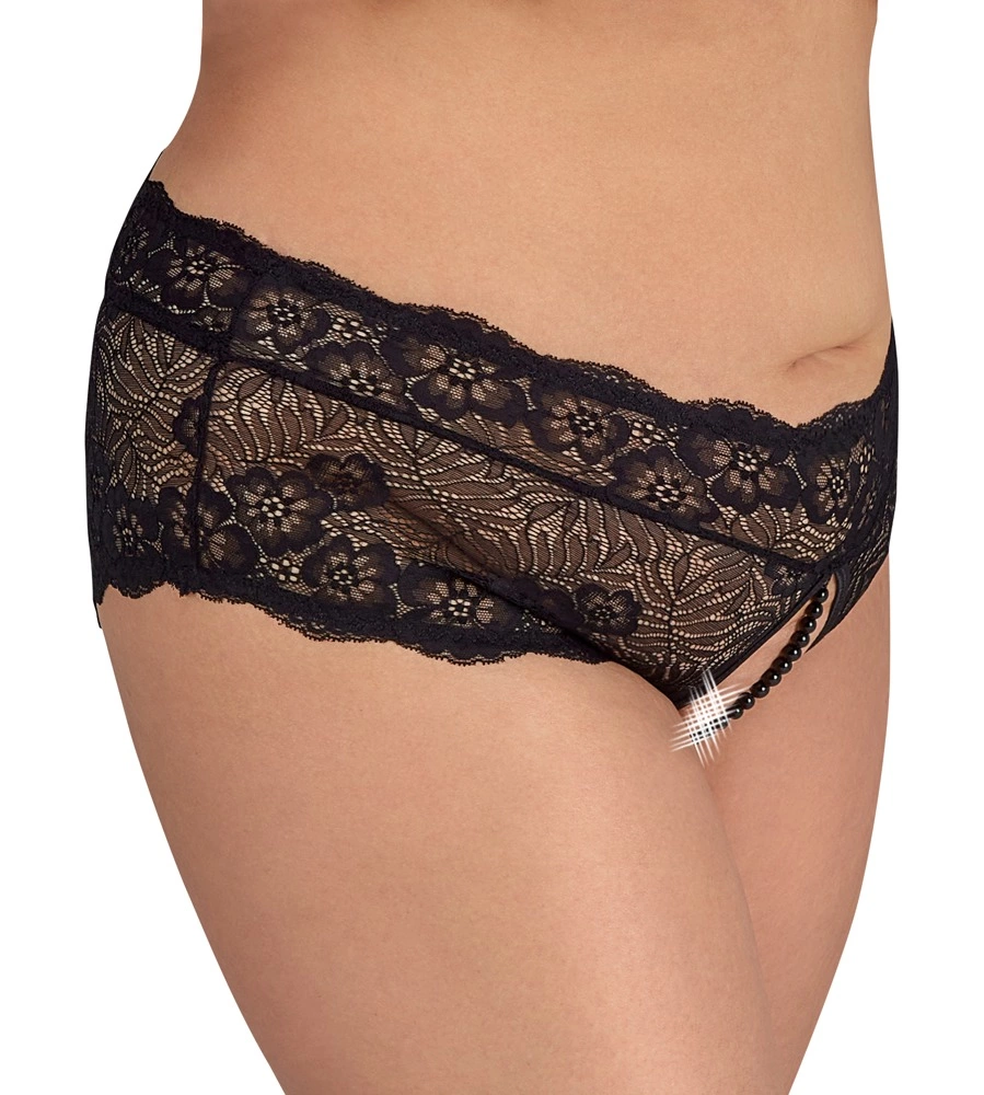 Cottelli CURVES nėriniuotos kelnaitės su perlais ir atviru tarpkojiu, juodos, XL