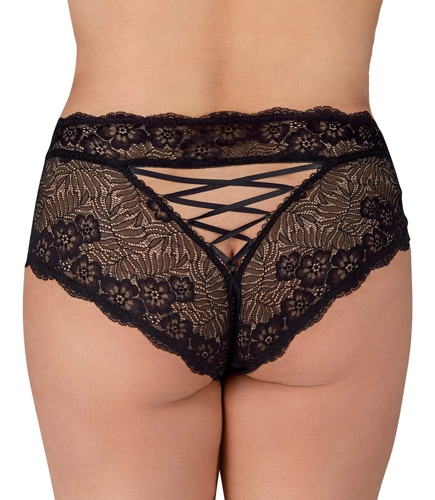 Cottelli CURVES nėriniuotos kelnaitės su perlais ir atviru tarpkojiu, juodos, XL