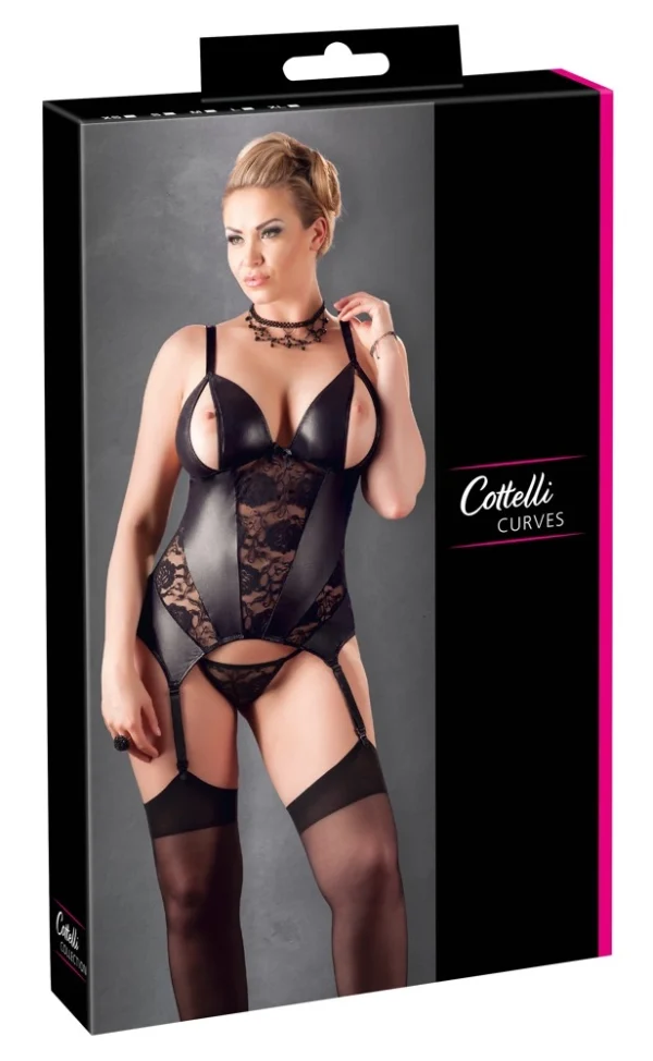 Cottelli Curves marškinėliai su nėriniais ir stringai, juodi, 3XL