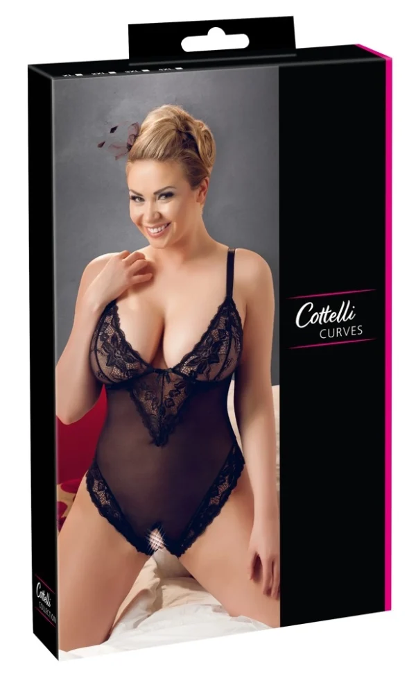 Cottelli CURVES juodas bodis iš powernet su nėriniais, 3XL