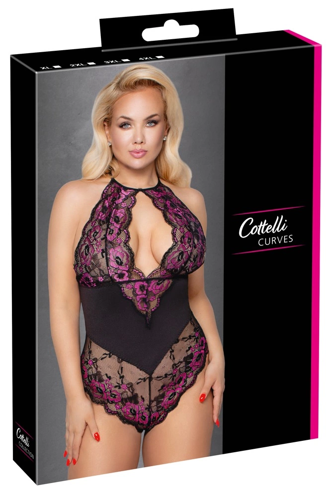 Cottelli Curves bodis su dviejų spalvų gėlių nėriniais, XL, juodas ir smėlio