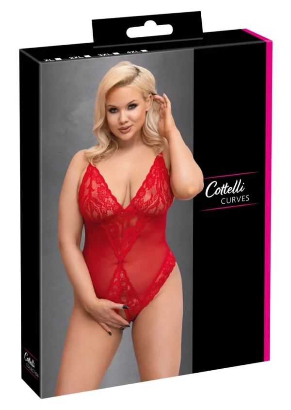 Cottelli CURVES raudonas nėriniuotas bodis su atviru tarpkojiu, XL