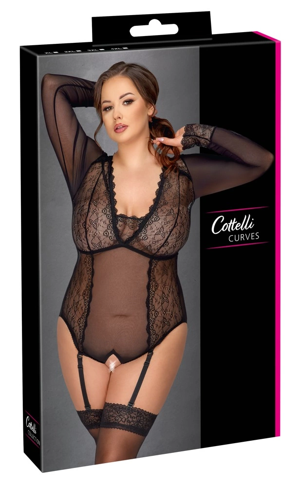 Cottelli Curves permatomas bodis su atviru tarpkojiu ir ilgomis rankovėmis, juodas, 2XL