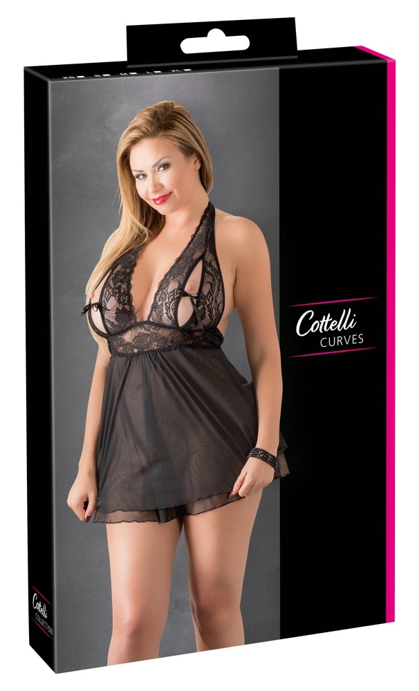 Cottelli Curves nėriniuoti naktinukai su užsegimu už kaklo, juodi, 3XL