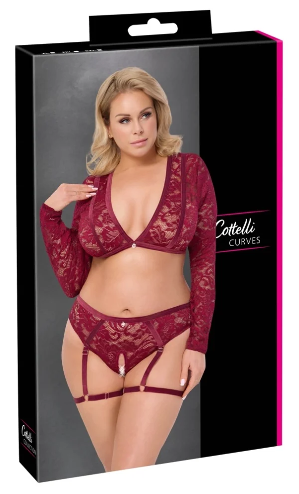 Cottelli Curves nėriniuotas komplektas su aksomo juostelėmis, 2XL, tamsiai raudonas