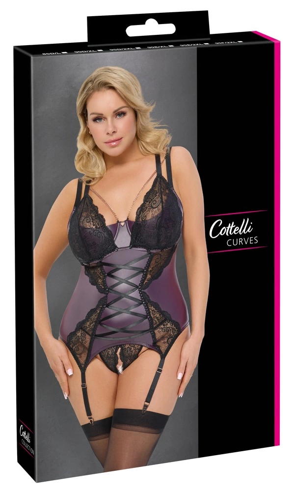 Cottelli Curves korsetas su stringais su atviru tarpkojiu, tamsiai violetinis, XL (90D)