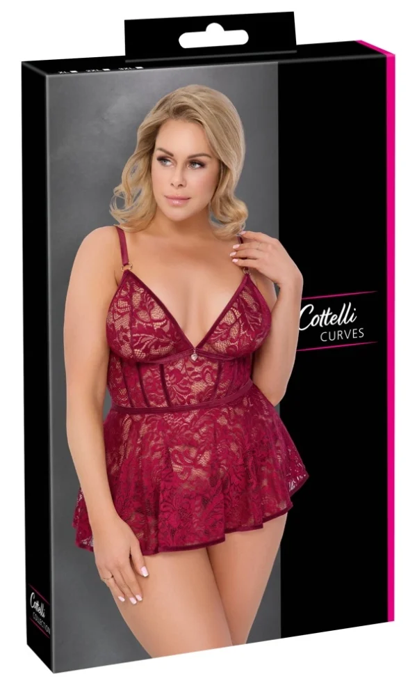 Cottelli Curves naktinukai su nėriniais ir kelnaitėmis su atviru tarpkojiu, raudoni, XL