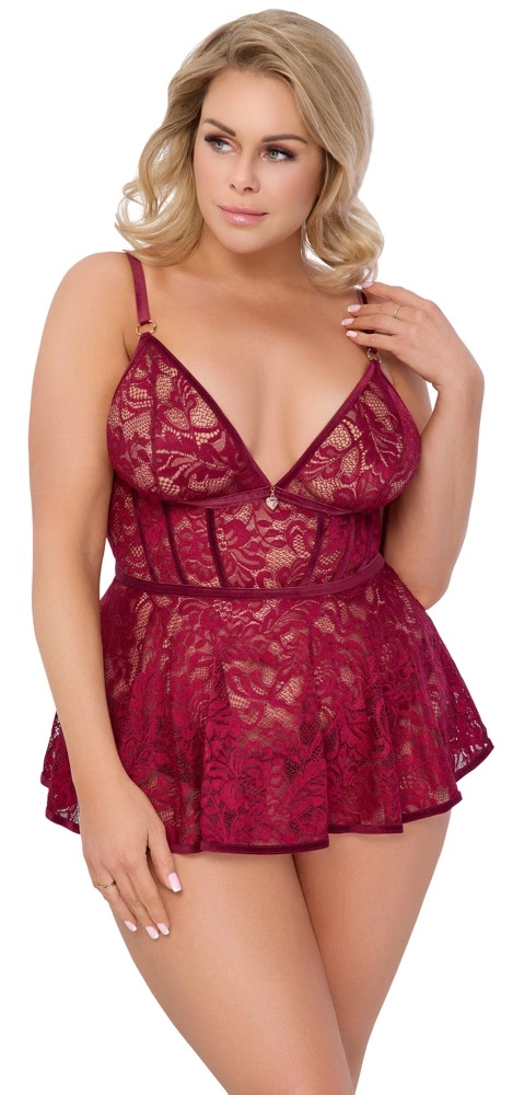 Cottelli Curves naktinukai su nėriniais ir kelnaitėmis su atviru tarpkojiu, raudoni, XL
