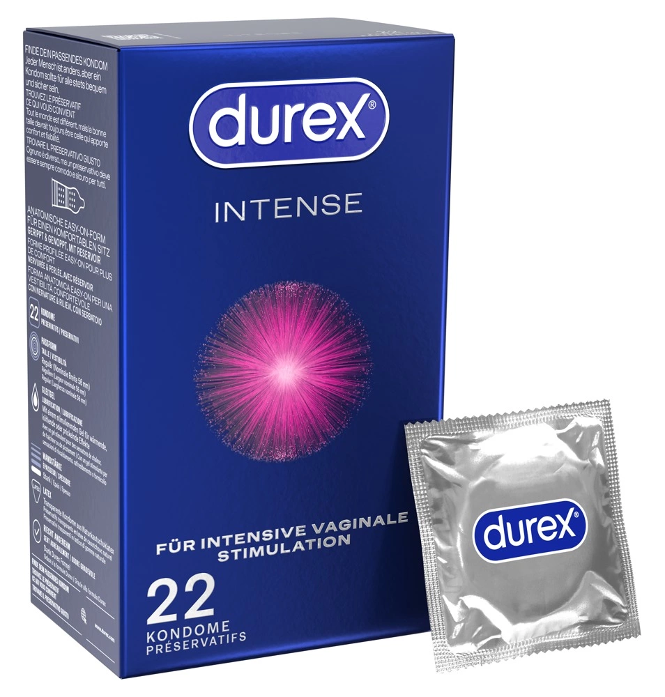 Durex Intense Orgasmic prezervatyvai su rievelėmis ir iškilimais, mėtų skonio, 22 vnt.