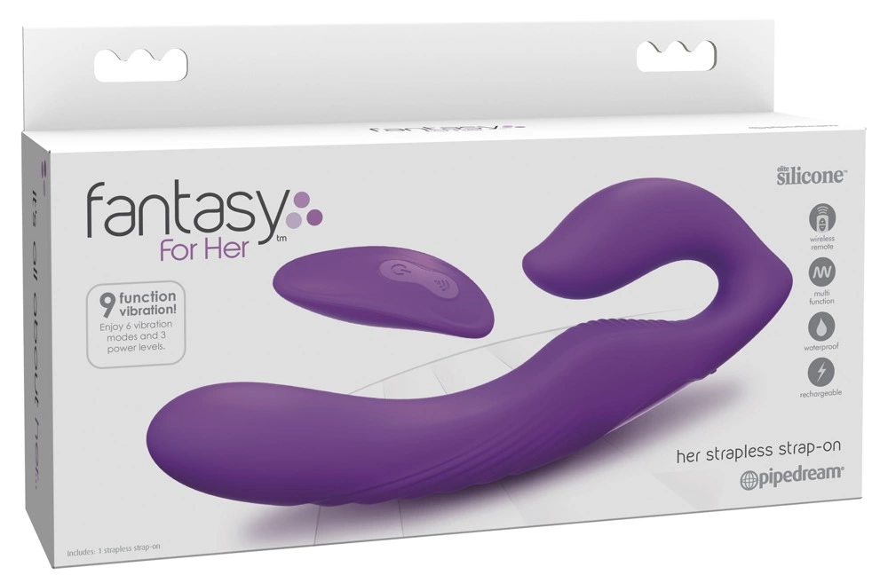 Fantasy For Her dvigubas strap-on vibratorius be diržų su pulteliu, violetinis