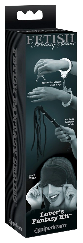 Fetish Fantasy BDSM rinkinys: antrankiai, akių raištis ir botagas, juodas