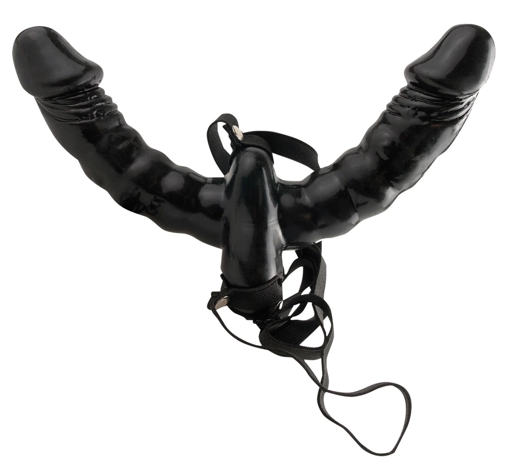 Fetish Fantasy dvigubas vibruojantis strap-on su laidiniu pulteliu, juodas, 15 cm