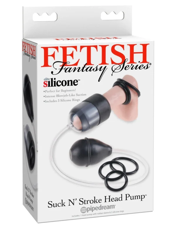 Fetish Fantasy Suck N’ Stroke kompaktiška penio galvutės pompa su 3 žiedais