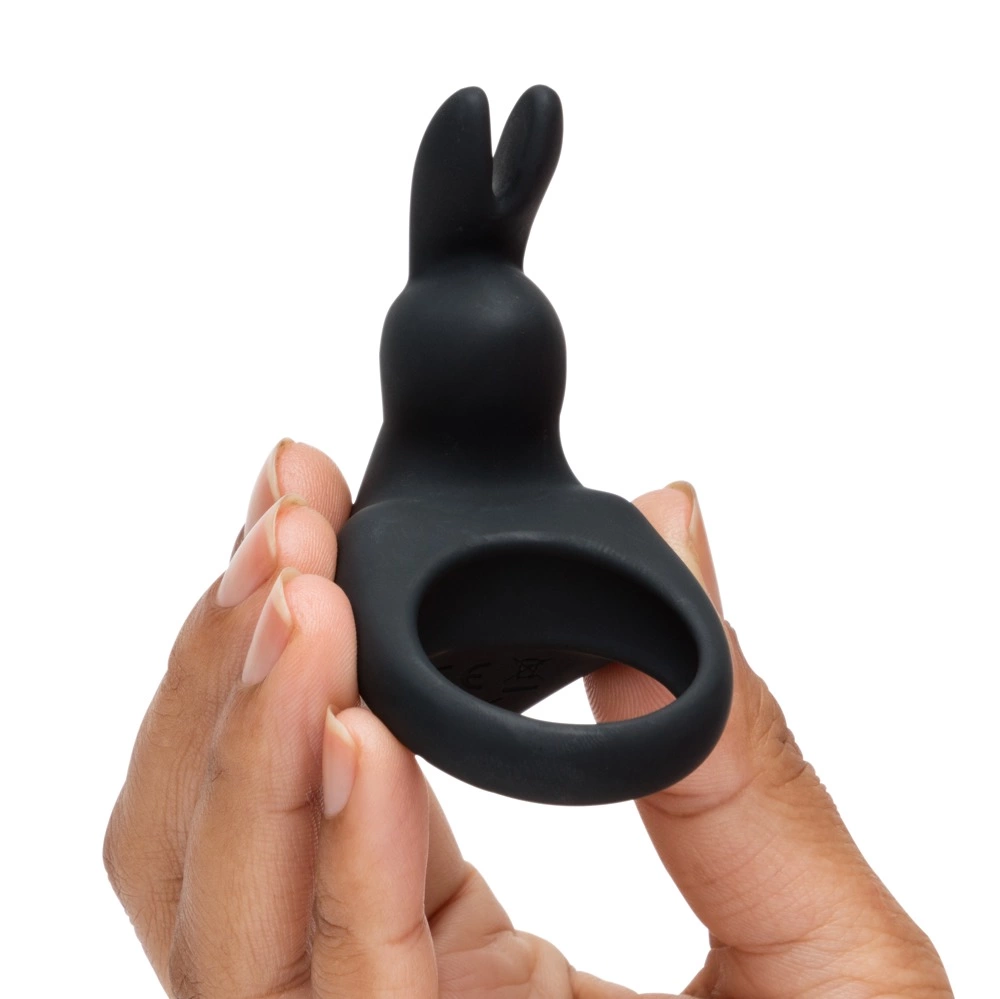 Happy Rabbit vibruojantis varpos žiedas iš silikono su kiškio ausimis, juodas