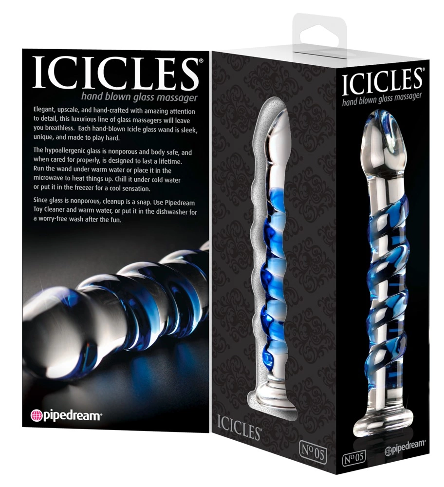Icicles stiklinis dildo su spiraliniais iškilimais, 18,5 cm