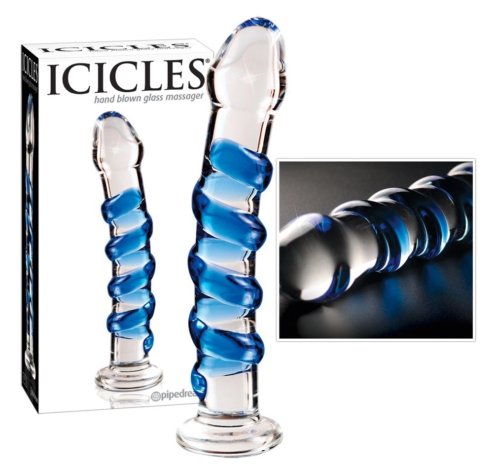 Icicles stiklinis dildo su spiraliniais iškilimais, 18,5 cm