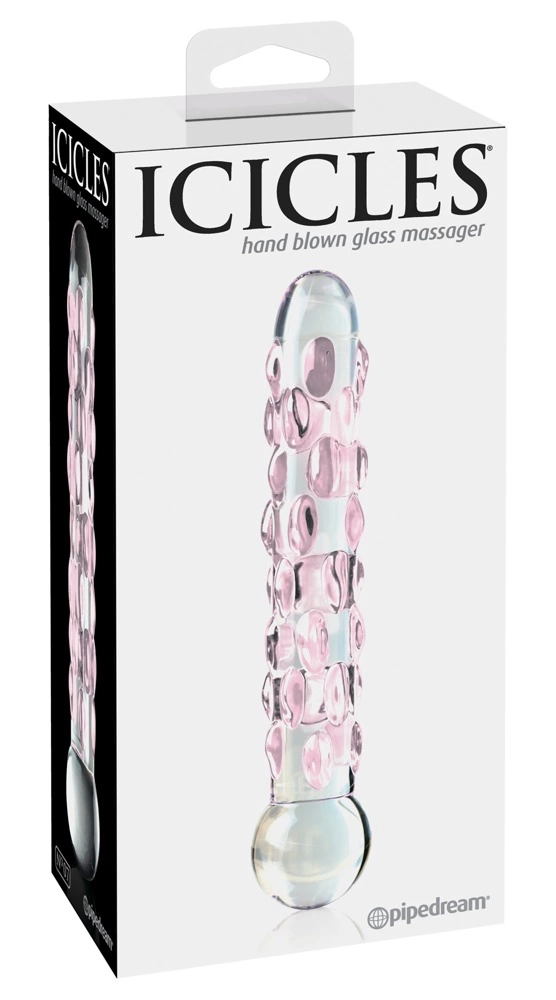 Icicles stiklinis dildo su iškilimais, skaidrus, 17,8 cm