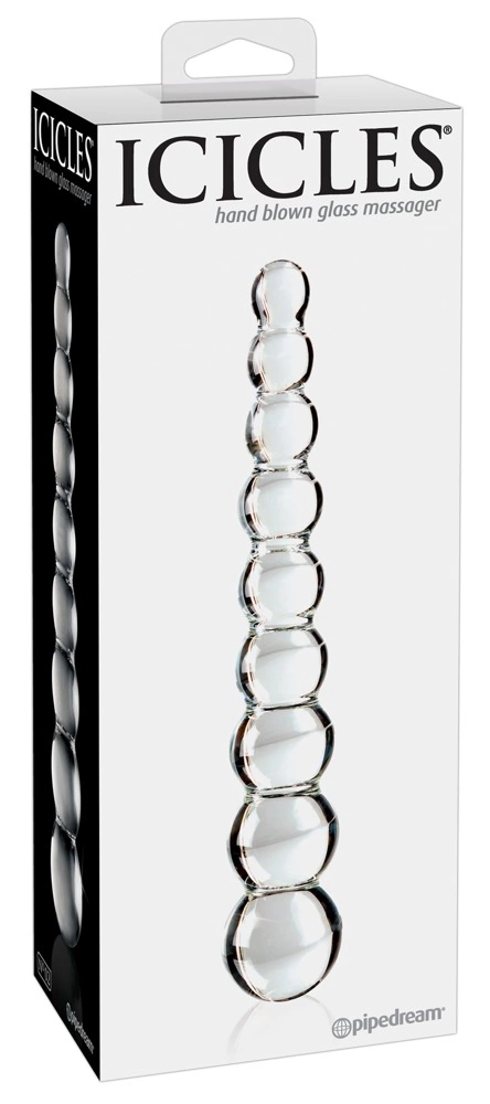 Icicles stiklinis dildo su 9 rutuliukais, skaidrus, 22,5 cm