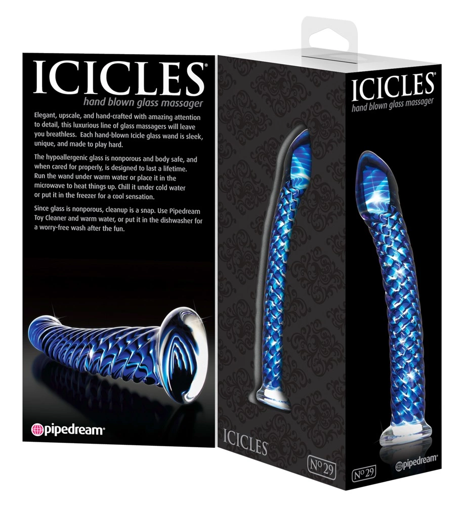 Icicles išlenktas stiklinis dildo iš borosilikatinio stiklo, 19 cm