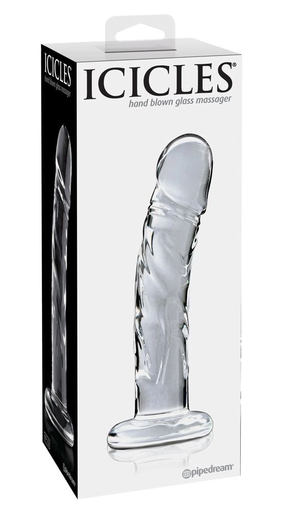 Icicles išlenktas dildo iš borosilikatinio stiklo, 18 cm