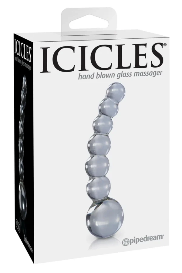 Icicles stiklinis dildo su rutuliniais iškilimais, skaidrus, 12 cm