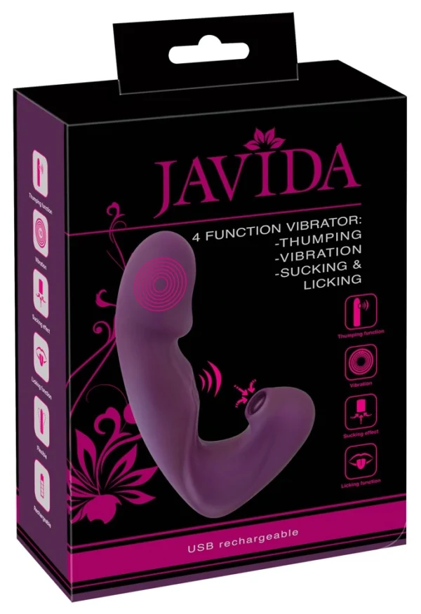 Javida keturių funkcijų vibratorius su judančiu liežuvėliu ir siurbimu, 18 cm