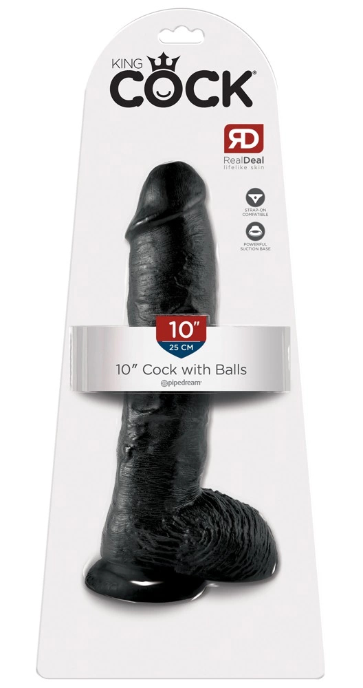 King Cock realistiškas dildo su siurbtuku ir sėklidėmis, 25 cm, juodas