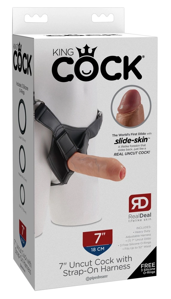 King Cock Uncut strap-on su reguliuojamais diržais, 18 cm, šviesus