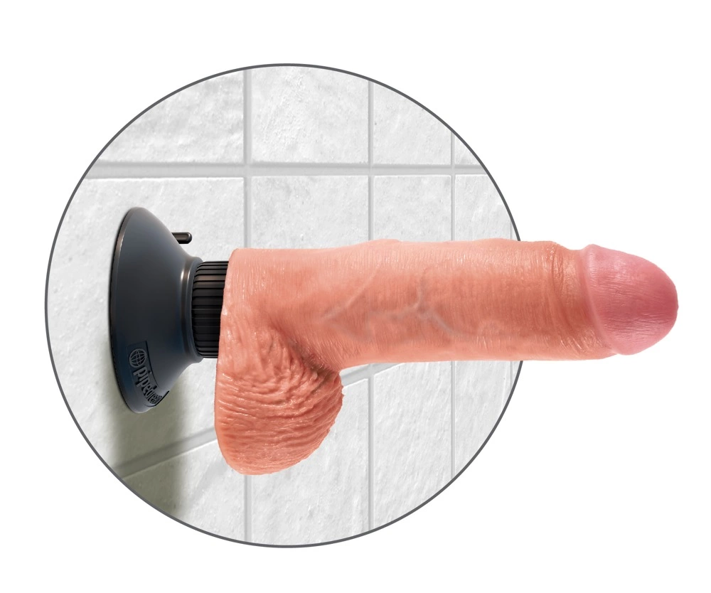 King Cock lankstus realistiškas vibratorius su siurbtuku ir sėklidėmis, smėlio spalvos