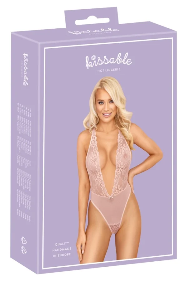 Kissable nėriniuotas bodis su kryžminėmis petnešėlėmis, rožinis, L/XL
