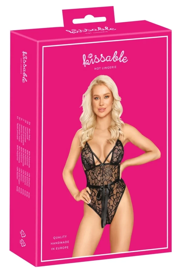 Kissable nėriniuotas bodis su satino kaspinu, juodas, L/XL