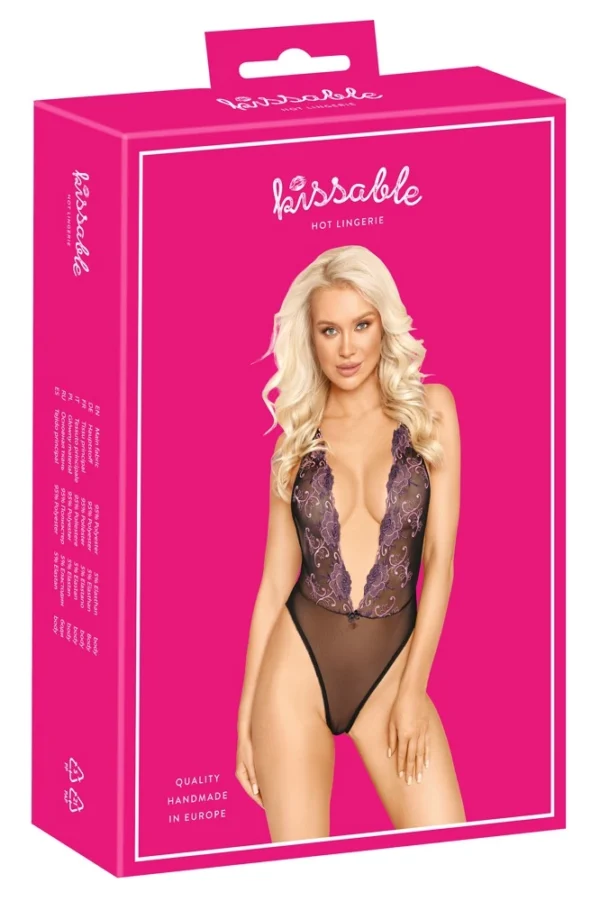 Kissable bodis su gėlių siuvinėjimu, juodas, S/M