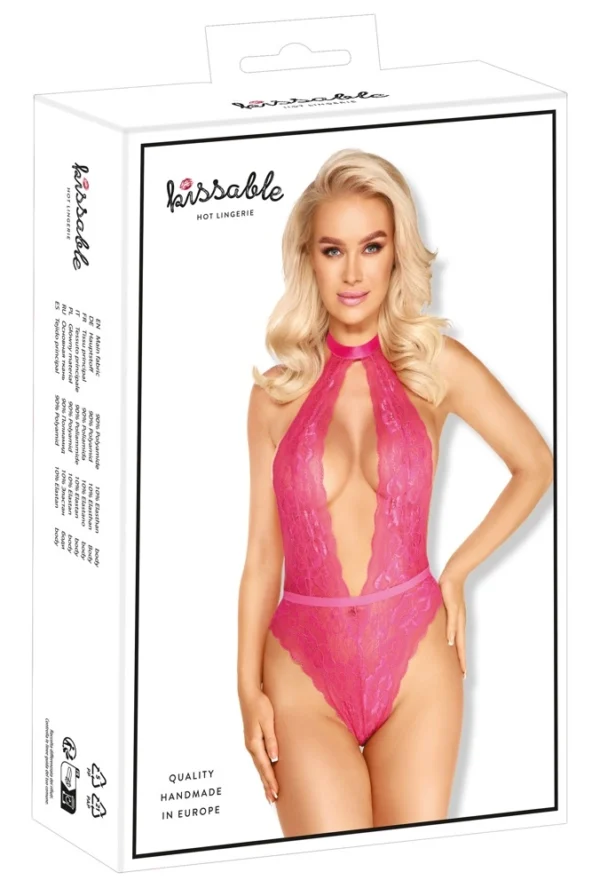 Kissable nėriniuotas bodis su atvira nugara, rožinis, L/XL
