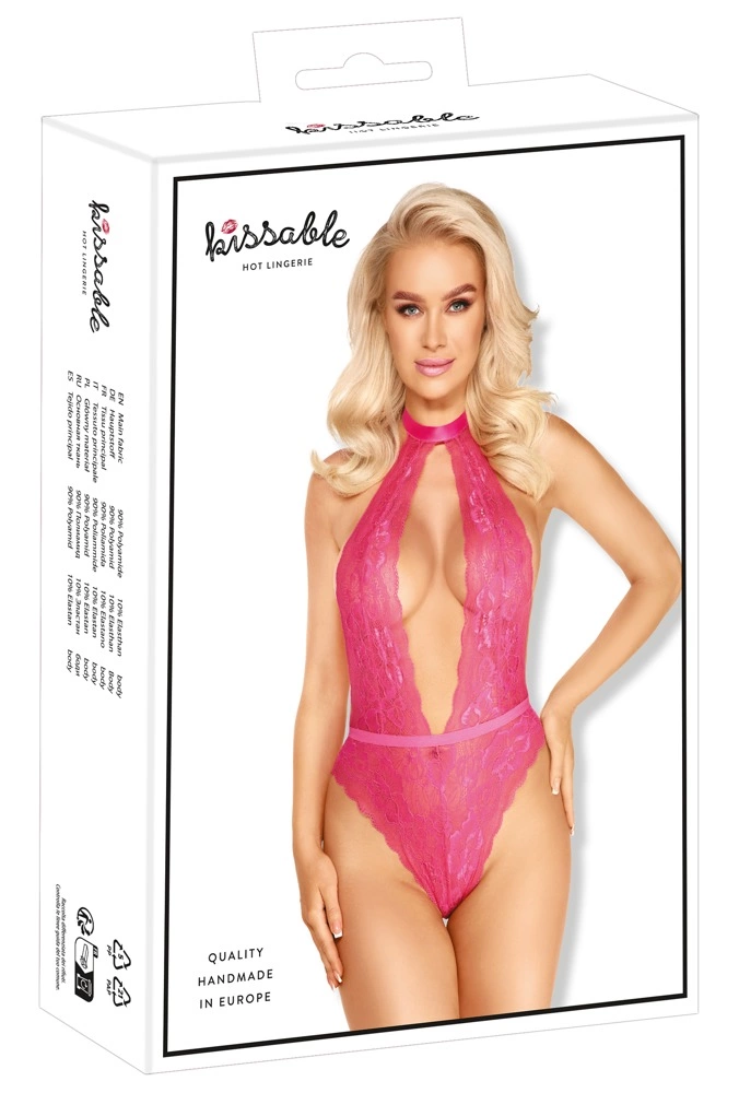 Kissable nėriniuotas bodis su atvira nugara, rožinis, L/XL