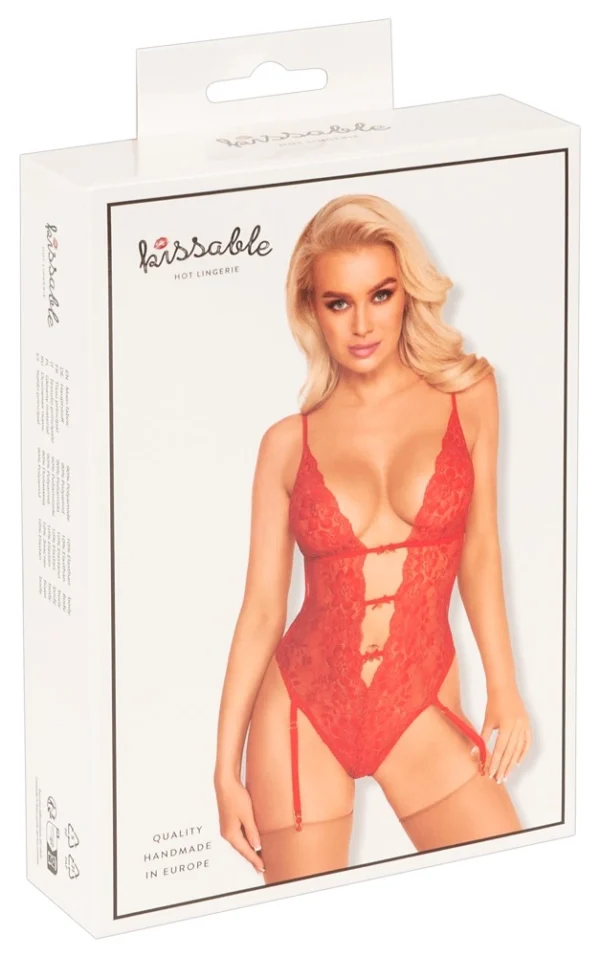 Kissable nėriniuotas bodis su kojinių laikikliais, raudonas su auksinėmis detalėmis, S/M