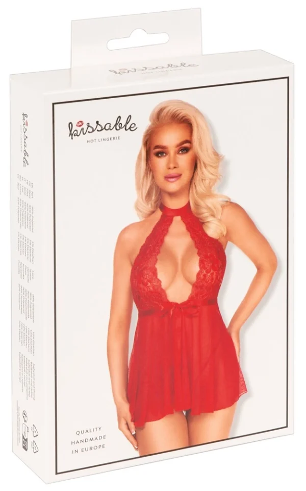 Kissable naktinukai su gėlių nėriniais ir stringais, raudoni, L/XL