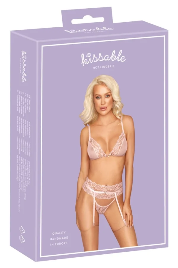 Kissable apatinio trikotažo komplektas su kojinių laikiklių diržu, rožinis, L/XL