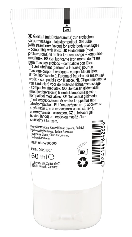 Lick it! braškių aromato masažo gelis vandens pagrindu, veganiškas, 50 ml