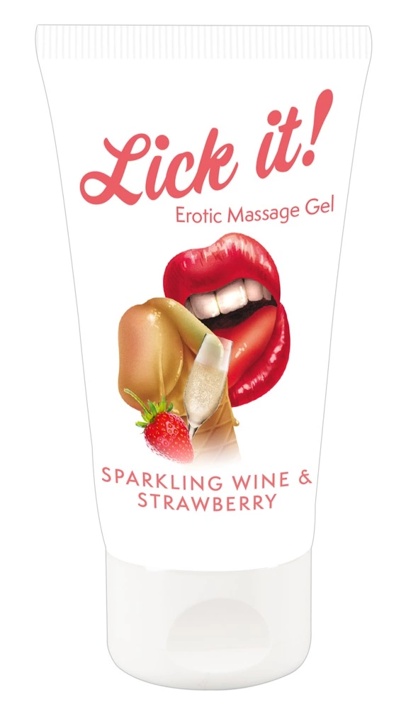 Lick it! braškių ir vyno aromato masažo gelis vandens pagrindu, 50 ml