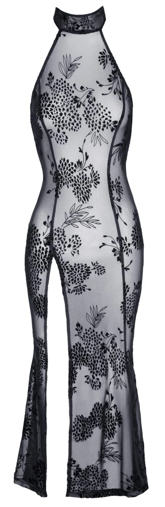Noir Handmade ilga permatoma suknelė su gėlių raštu ir skeltuku, juoda, L