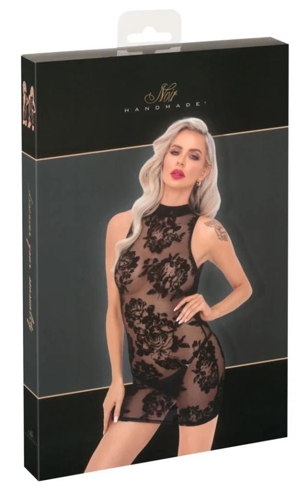 Noir tiulio mini suknelė su aksominiu gėlių raštu, juoda, XL